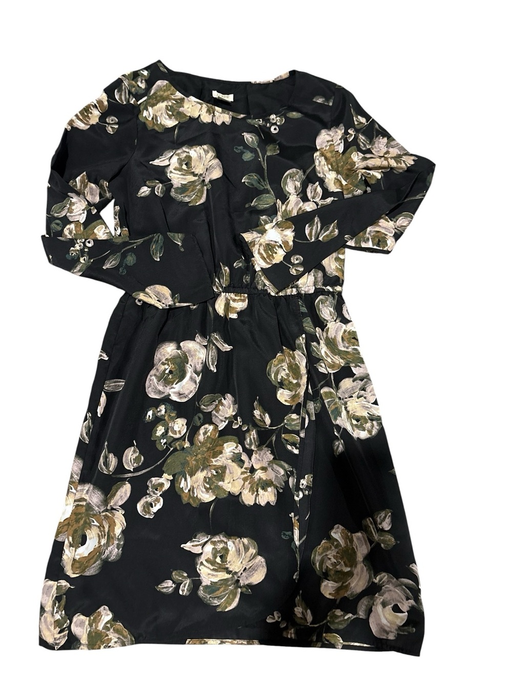 JCrew Sz 2 Girls Black Floral Long-Sleeve Dress
